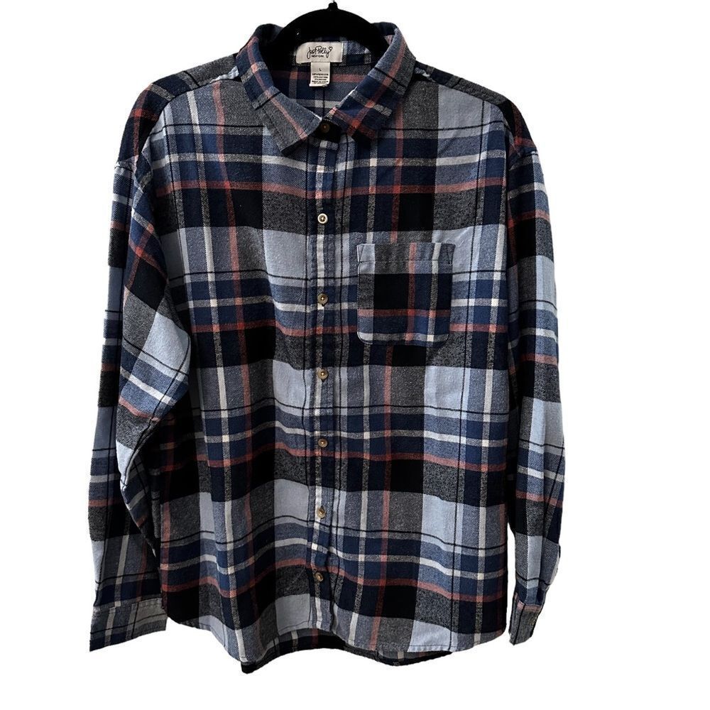 Just Polly ~ Blue Plaid Long Sleeved Button Down Shirt ~ size Large